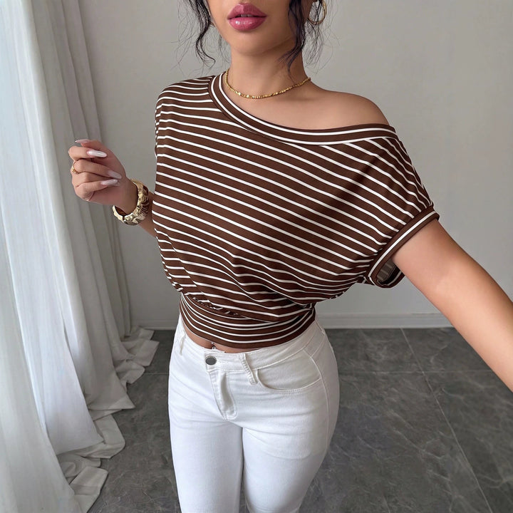 Women Striped Off-Shoulder Cropped Shirt with fitted waist Mune Fashion