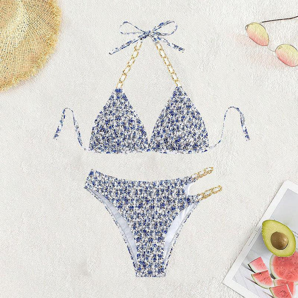 Women’s triangle bikini with golden chain details and playful floral pattern Mune Fashion