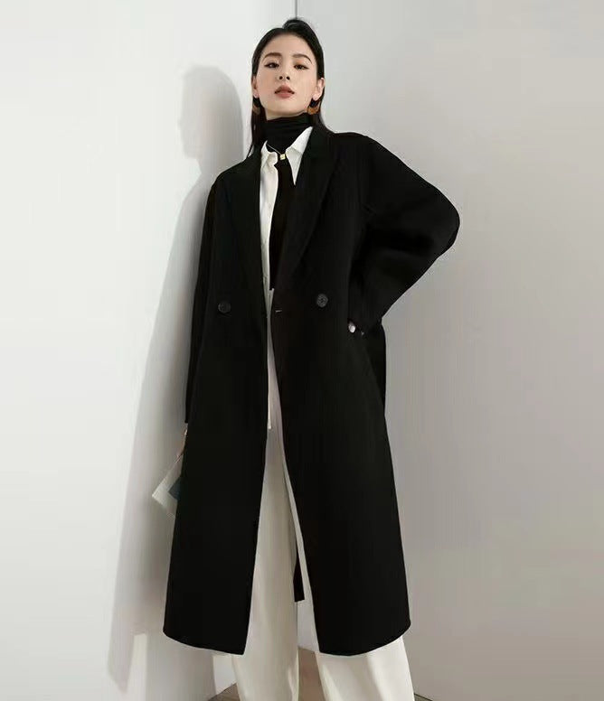 Women's Long Wool Blend Coat with Tie Belt and Balloon Sleeves Mune Fashion