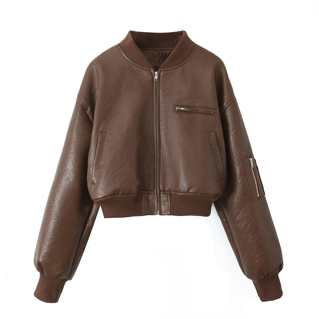 Women's Cropped Bomber Jacket in Vintage Leather Look with Arm Pocket and Wide Ribbed Cuff Mune Fashion