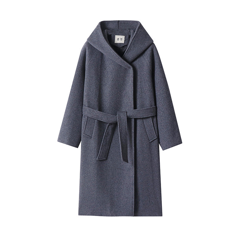 Women's Maxi Coat with Oversized Hood, Tie Belt and Minimalist Wool Blend Silhouette Mune Fashion