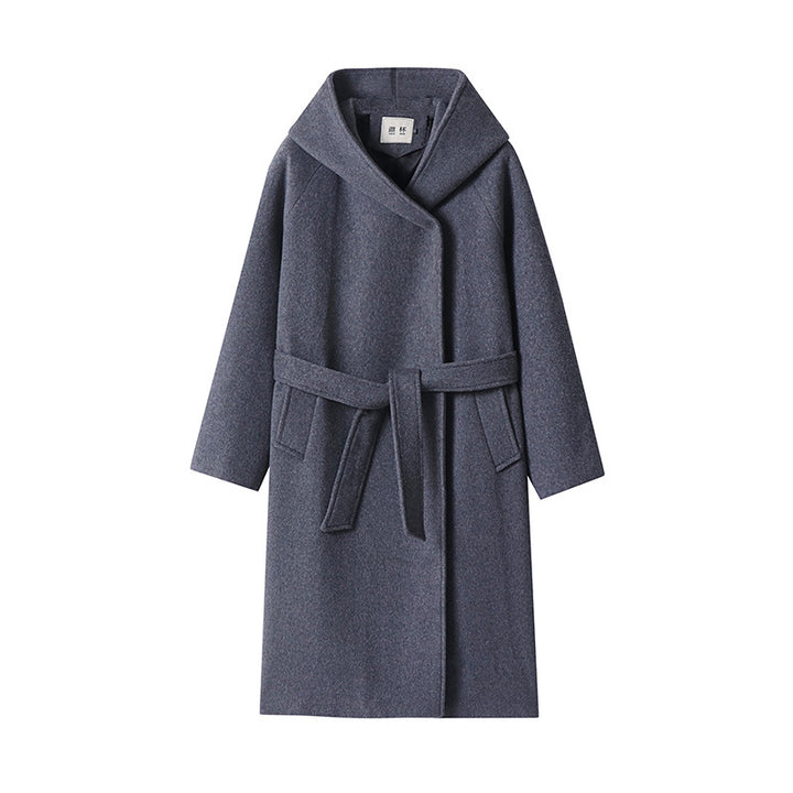 Women's Maxi Coat with Oversized Hood, Tie Belt and Minimalist Wool Blend Silhouette Mune Fashion