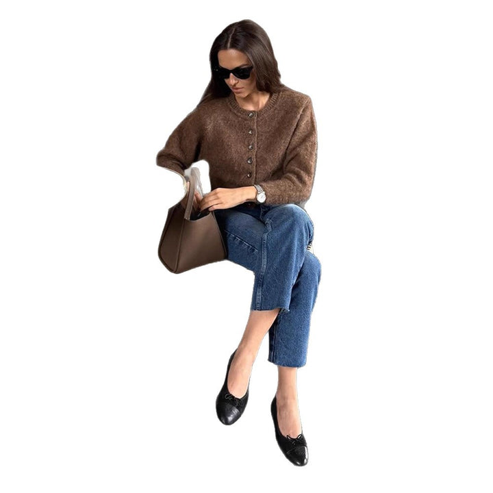 Women Fluffy Cropped Cardigan made of Mohair Mix with Pearl Button Placket Mune Fashion