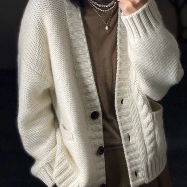 Women's Oversized Knit Cardigan with Cable Detail, Front Pockets and Button Placket Mune Fashion