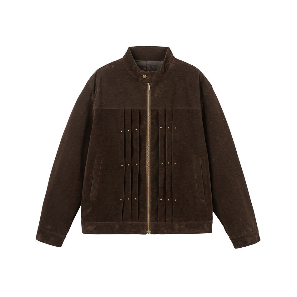 Men's Velour Leather Look Blouson Jacket with Pleated Yoke and Stud Detail Mune Fashion