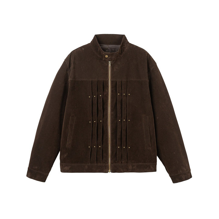 Men's Velour Leather Look Blouson Jacket with Pleated Yoke and Stud Detail Mune Fashion