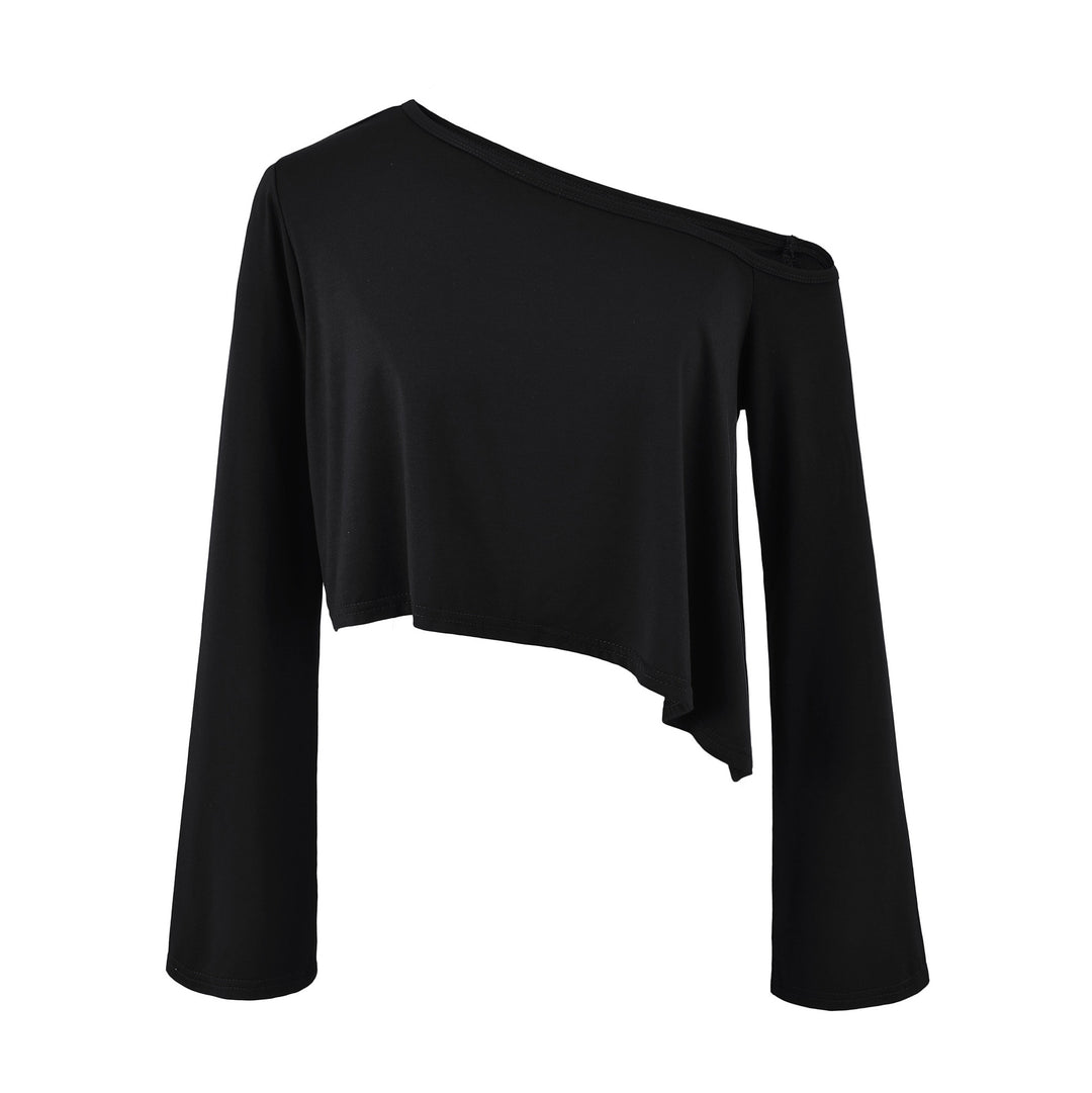 Ladies One-Shoulder Crop Top with Asymmetric Hem and Flared Sleeves Mune Fashion