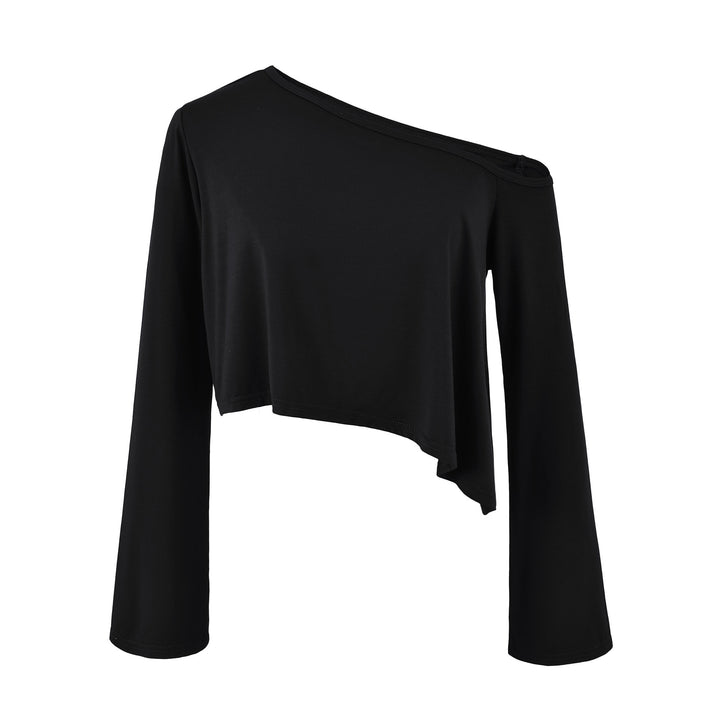 Ladies One-Shoulder Crop Top with Asymmetric Hem and Flared Sleeves Mune Fashion