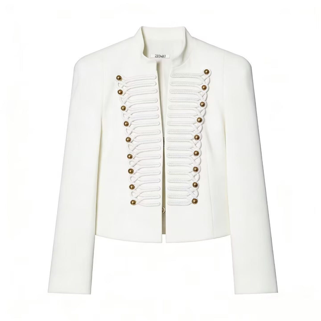 Women's Short Blazer with Military Frog Decoration and Stand-Up Collar Mune Fashion