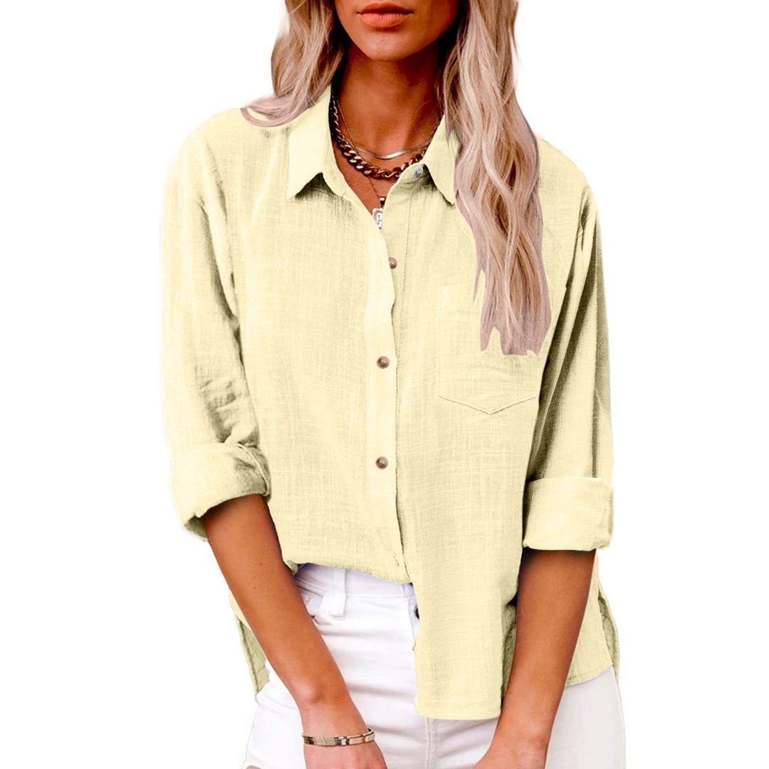 Women's oversized linen-cotton blend shirt blouse with breast pocket and roll-up sleeves Mune Fashion