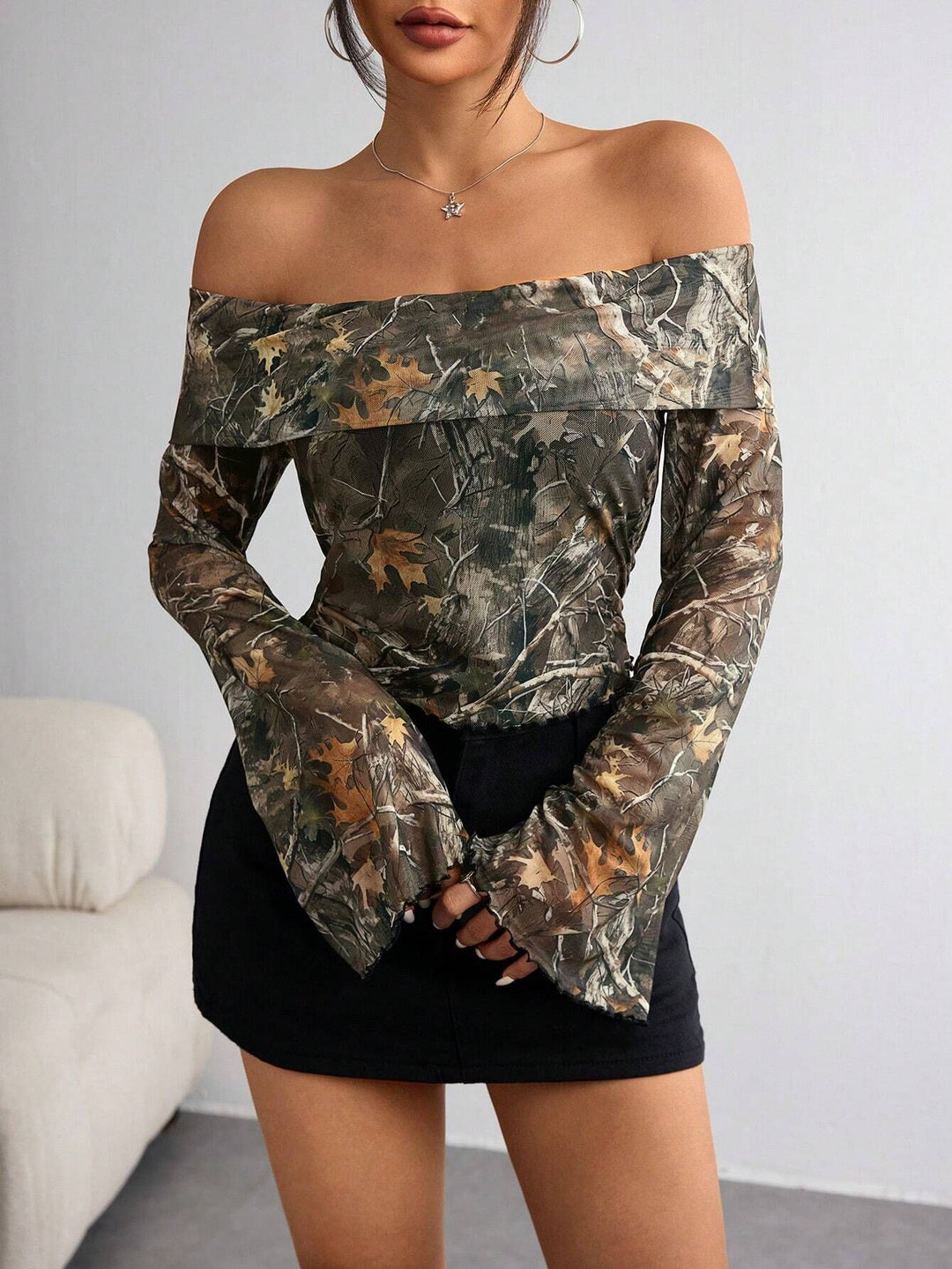 Women's off-the-shoulder long sleeve top with camouflage leaf pattern and flared sleeves Mune Fashion