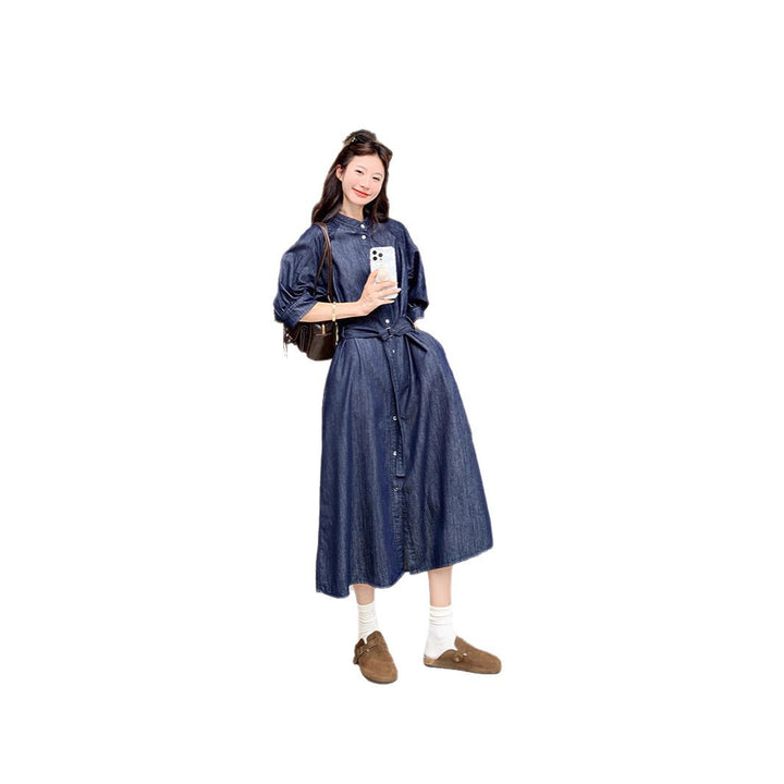 Ladies jeans midi dress with continuous button placket, waist belt and 3/4 sleeves Mune Fashion