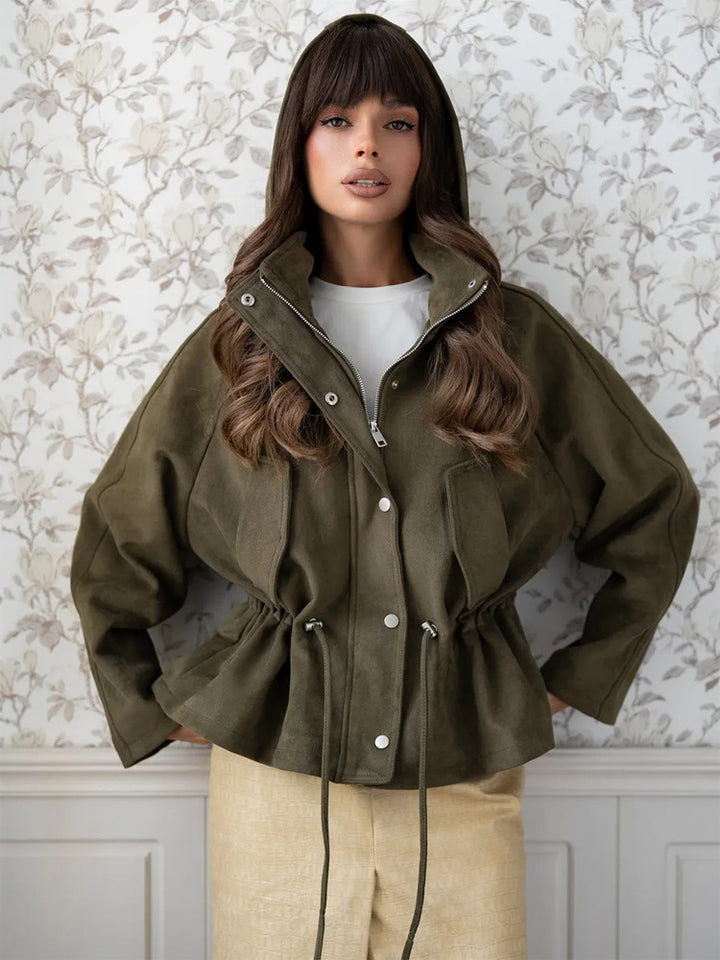 Women's short jacket made of suede look with hood, drawstring waist and patch pockets Mune Fashion