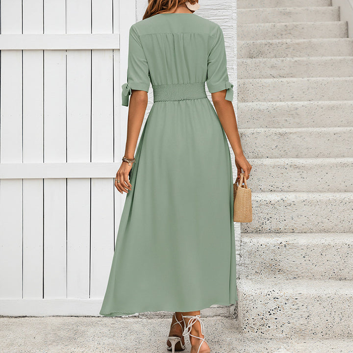 Ladies Elegant Maxi Dress with V-Neck and Ruffle Details Mune Fashion
