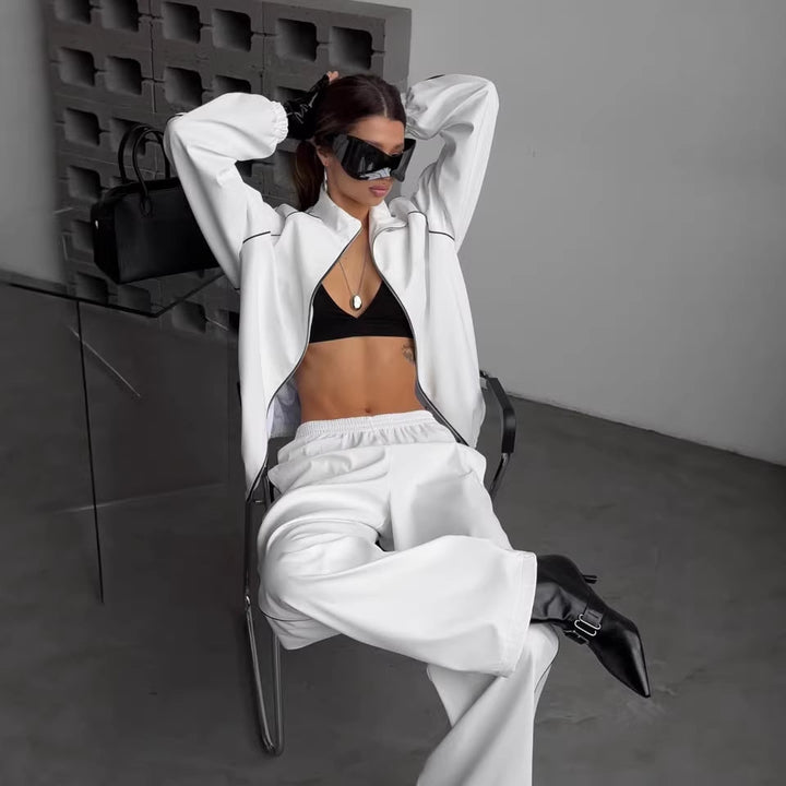 Women's Two-Piece Loungewear Set with Stand Collar Zip Jacket and Wide Pleated Pants Mune Fashion
