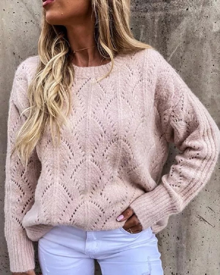 Women Oversize Ajour Knit Sweater with Round Neck Mune Fashion