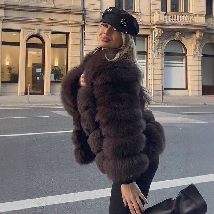 Women's Short Plush Boxy Faux Fur Blouson with Layered Volume Stripes Mune Fashion