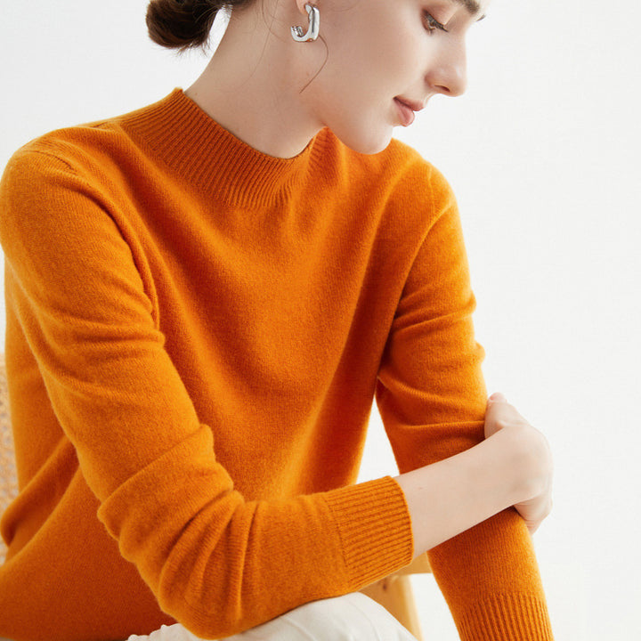 Women's Short Mock Neck Sweater in Cashmere Look with Light Fuzzy Texture Mune Fashion