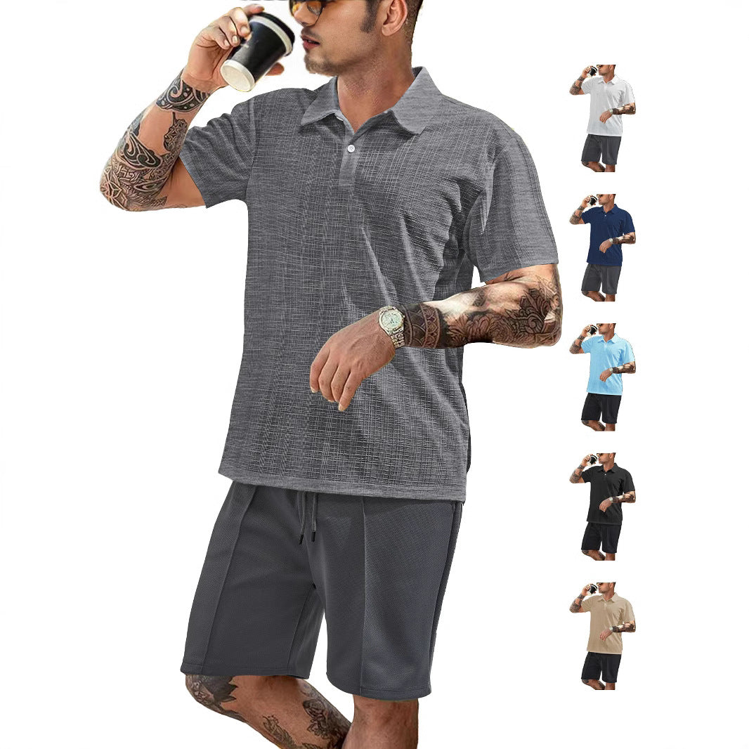 Men's two-piece summer travel set with textured short-sleeve polo shirt and functional mesh shorts Mune Fashion