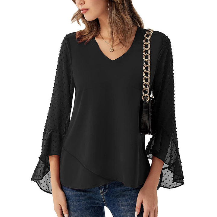 Women's chiffon blouse with V-neck, dotted trumpet sleeves, and asymmetrical hem Mune Fashion