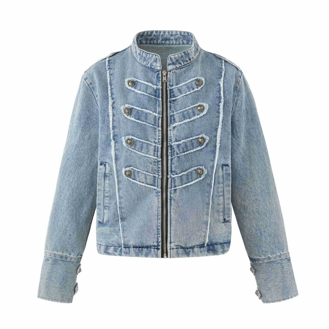 Women's denim blouson in military look with standing collar and decorative button placket Mune Fashion