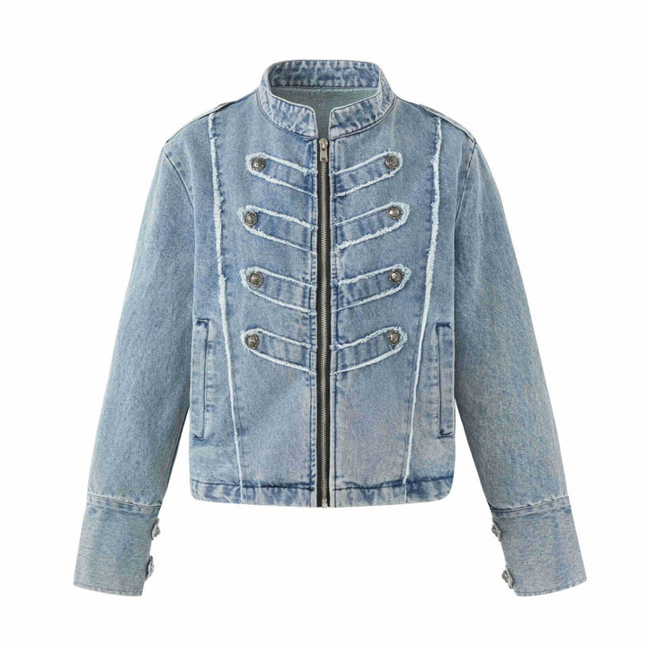 Women's denim blouson in military look with standing collar and decorative button placket Mune Fashion