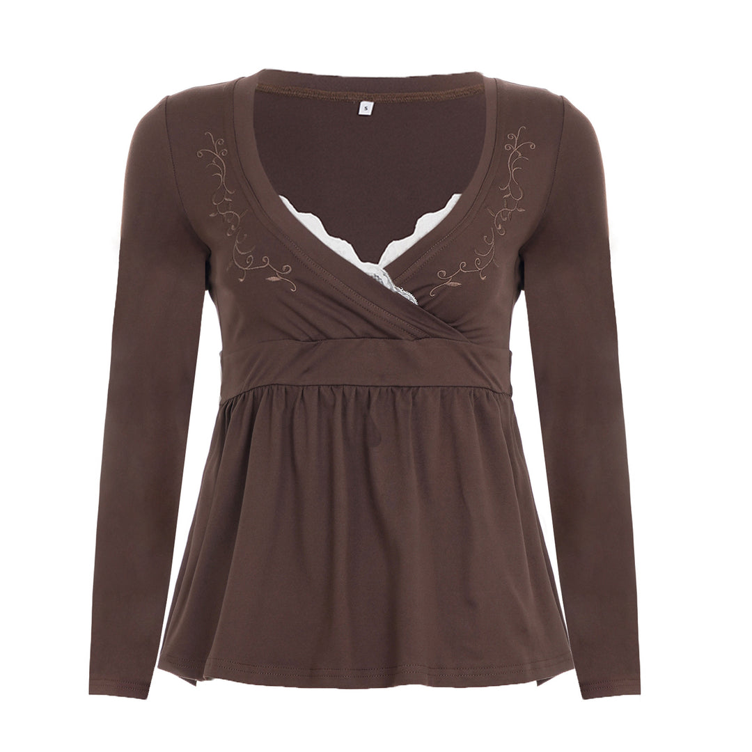 Women Nursing-Friendly Wrap Top with Lace Insert, Embroidery and Empire Waistline Mune Fashion