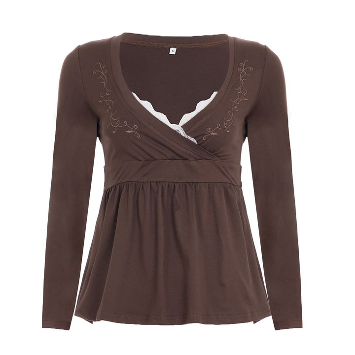 Women Nursing-Friendly Wrap Top with Lace Insert, Embroidery and Empire Waistline Mune Fashion
