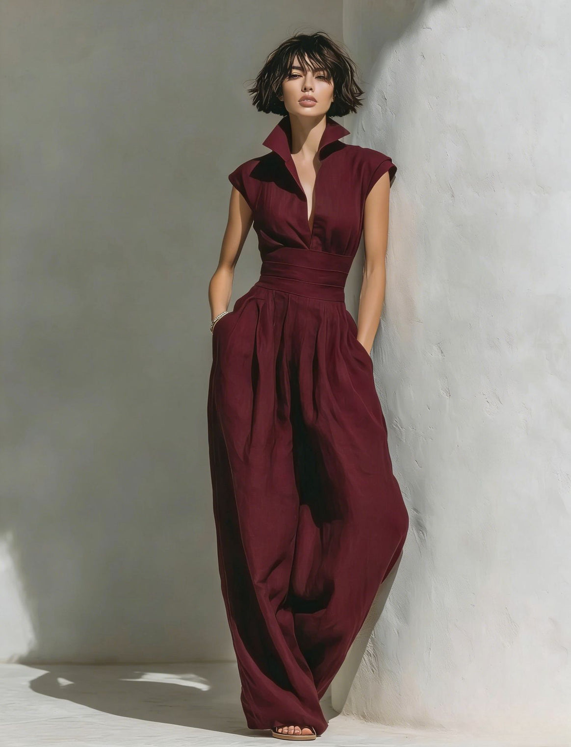 Women's jumpsuit with wide leg, tailored wrap waistband and standing collar Mune Fashion