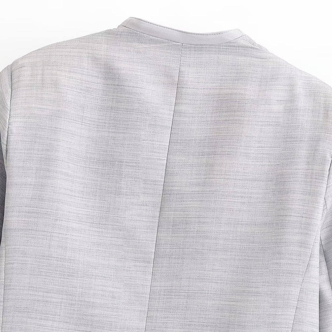 Women Short-Cut Collarless Blazer with Double-Breasted Button Placket and Textured Fabric Mune Fashion