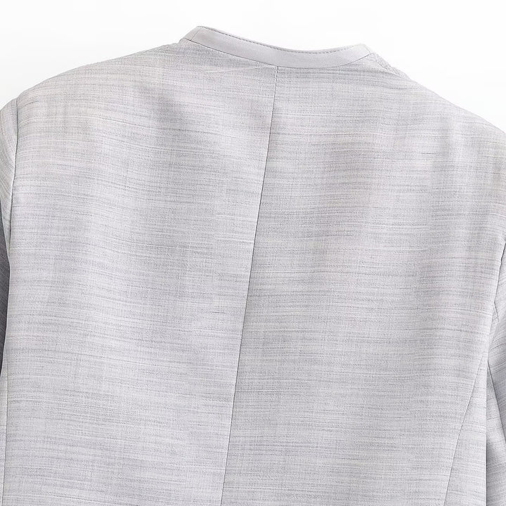 Women Short-Cut Collarless Blazer with Double-Breasted Button Placket and Textured Fabric Mune Fashion