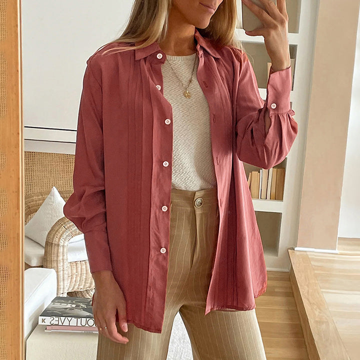 Women's Pleated Tunic Blouse with Shirt Collar and Loose A-Line Silhouette Mune Fashion