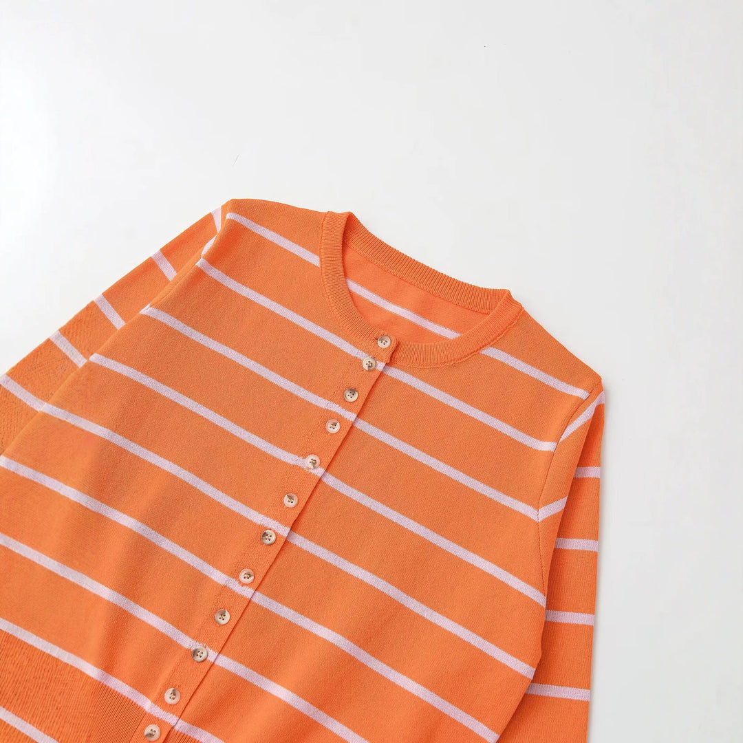 Women's fine knit cardigan short cut with button placket and striped pattern Mune Fashion