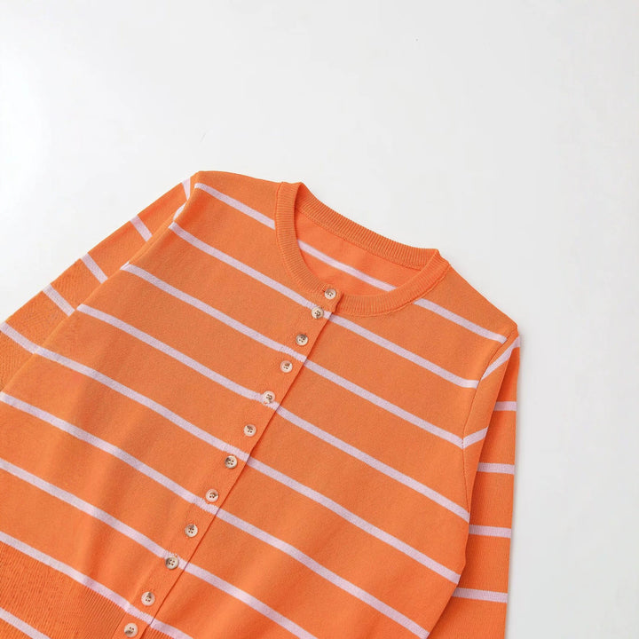 Women's fine knit cardigan short cut with button placket and striped pattern Mune Fashion