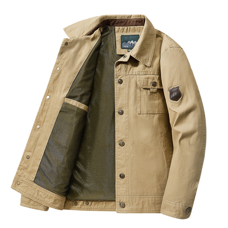 Men's robust canvas field jacket with breathable mesh lining, snap button placket, and patch chest pocket Mune Fashion