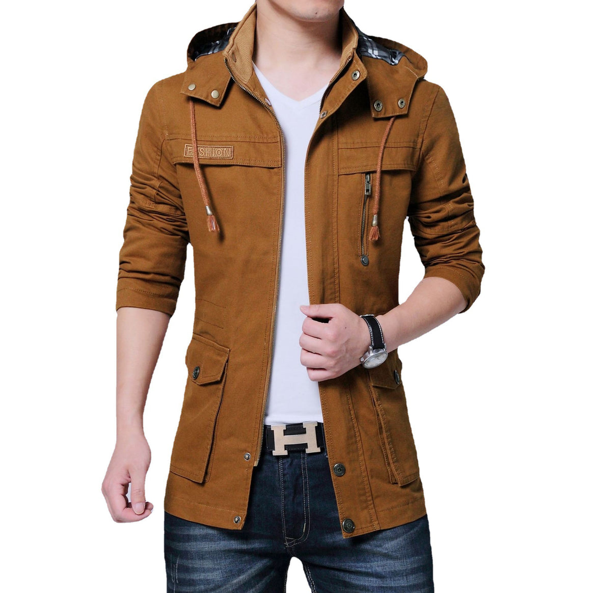 Men's Urban Cotton Blend Hooded Jacket with Cargo and Zipper Pockets Mune Fashion