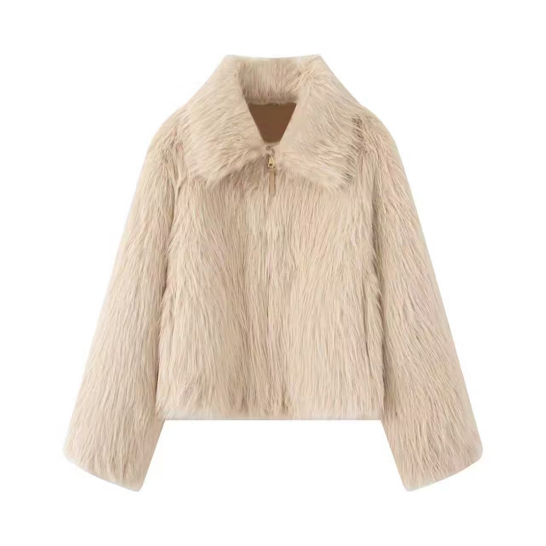 Women Short Faux Fur Cropped Jacket with Voluminous Shawl Collar and Front Zipper Mune Fashion