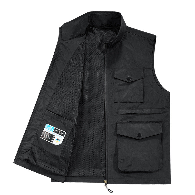 Men's nan multifunctional utility vest with mesh lining, full-length zipper, and patch multipurpose pockets