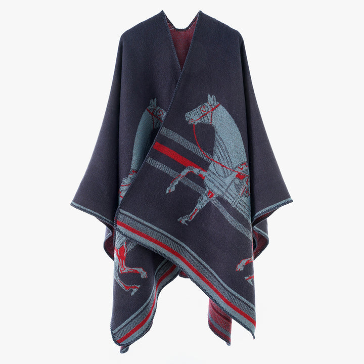 Women's poncho-cape made of wool blend with woven horse jacquard and contrasting piping Mune Fashion