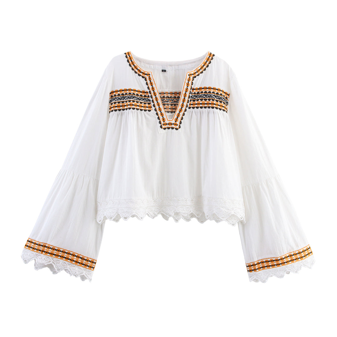 Women's Embroidered Boho Blouse with Wide Bell Sleeves and Lace Hem Mune Fashion