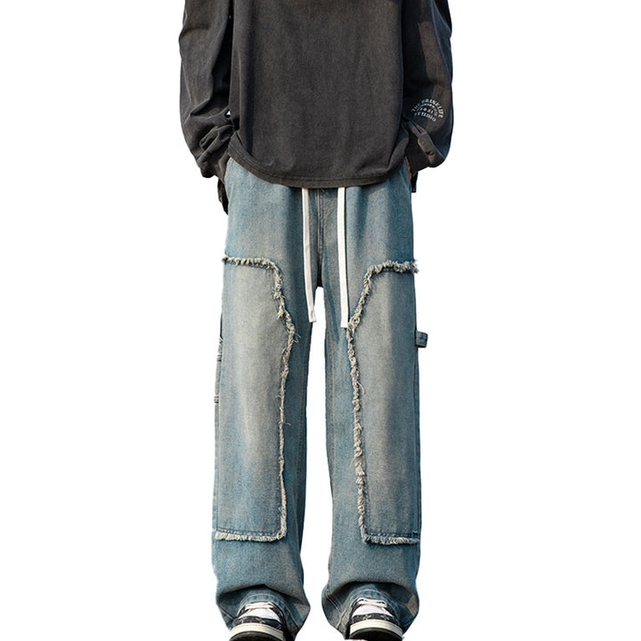 Men's Wide Denim Cargo Pants with Fringed Patch Pockets and Drawstring Waist Drune