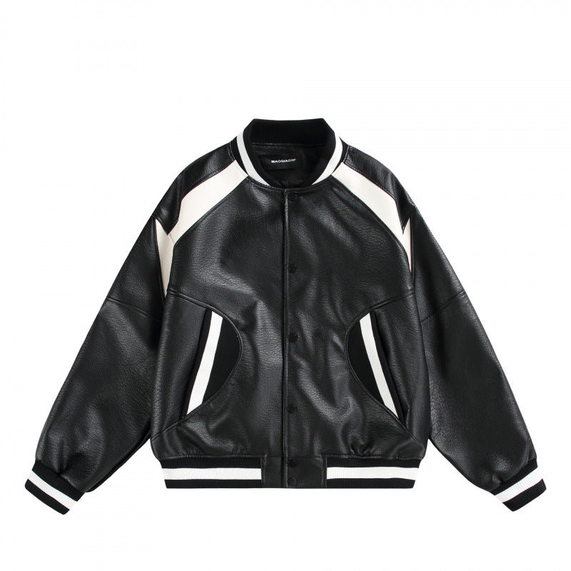 Unisex Boxy Oversized Faux Leather Bomber Jacket with Contrast Panels and Ribbed Cuffs Mune Fashion