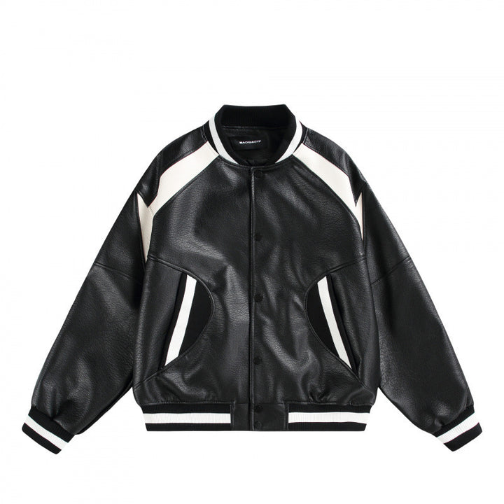 Unisex Boxy Oversized Faux Leather Bomber Jacket with Contrast Panels and Ribbed Cuffs Mune Fashion