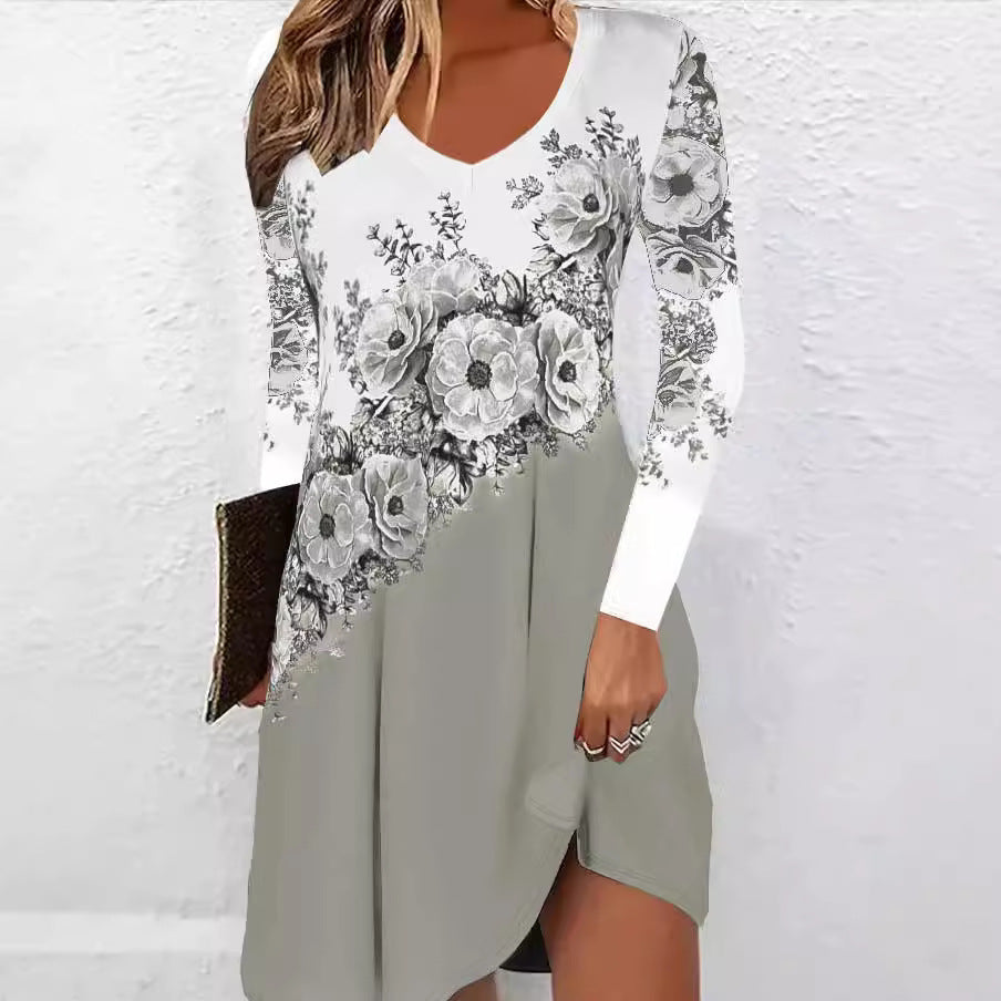 Women's V-back dress with V-neck, long sleeves, floral diagonal print, and side slit Mune Fashion