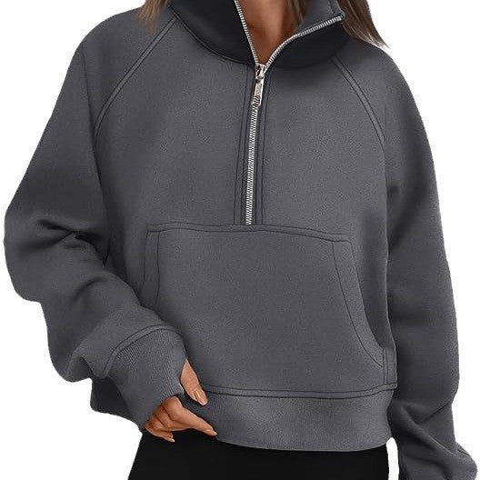 Women's cropped half-zip sweatshirt with high stand-up collar, kangaroo pocket, and drop shoulder Mune Fashion