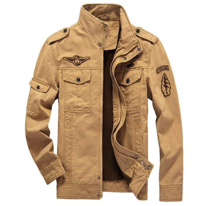 Men's Military Canvas Field Jacket with Stand Collar, Flap Pockets and Badge Mune Fashion