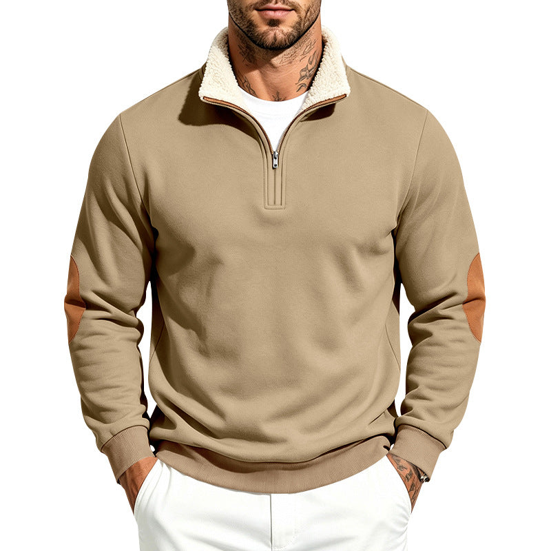 Men's Troyer Half-Zip Pullover with Teddy Fleece Lining, Faux Leather Elbow Patches and Stand-Up Collar Mune Fashion