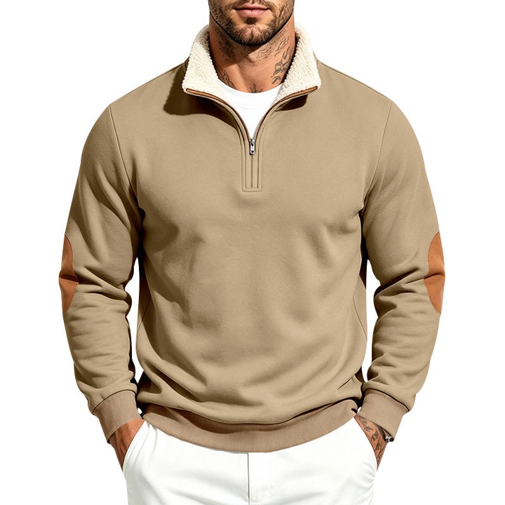 Men's Troyer Half-Zip Pullover with Teddy Fleece Lining, Faux Leather Elbow Patches and Stand-Up Collar Mune Fashion