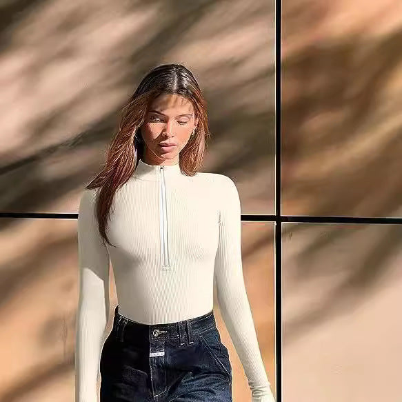 Women Slim-Fitting Ribbed Long Sleeve with Half Zip and Stand-Up Collar Mune Fashion