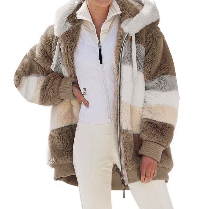 Women's Oversize Teddy Fur Hooded Jacket with Color Block Stripes, High-Quality Zipper and Ribbed Cuffs Mune Fashion